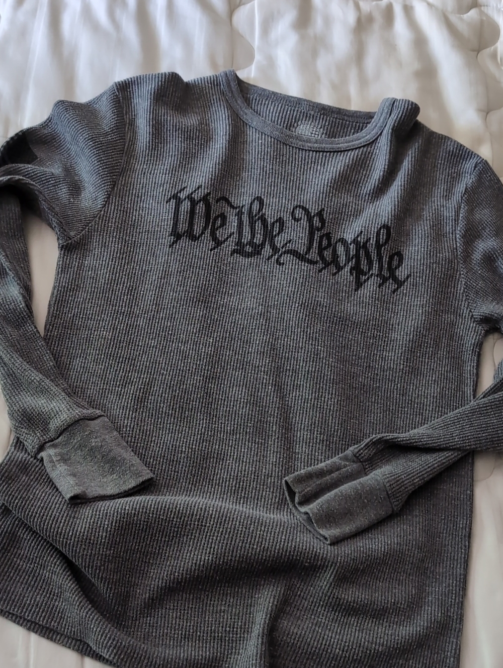 Charcoal Gray Ribbed Crewneck Sweater with 'We the People' Script
